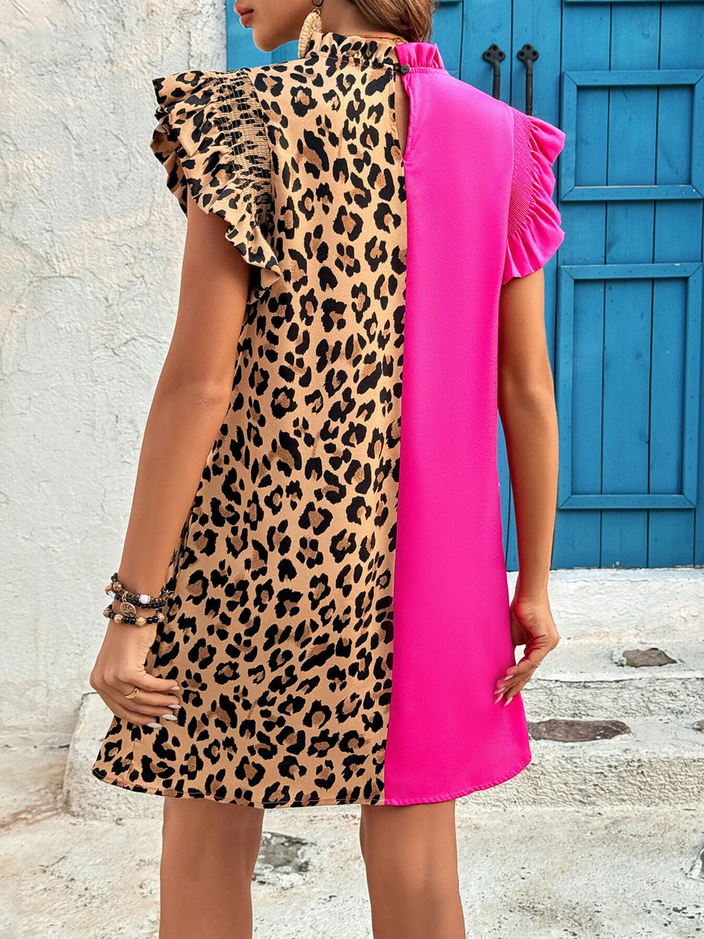 Leopard Color Block Ruffle Sleeve Dress.
