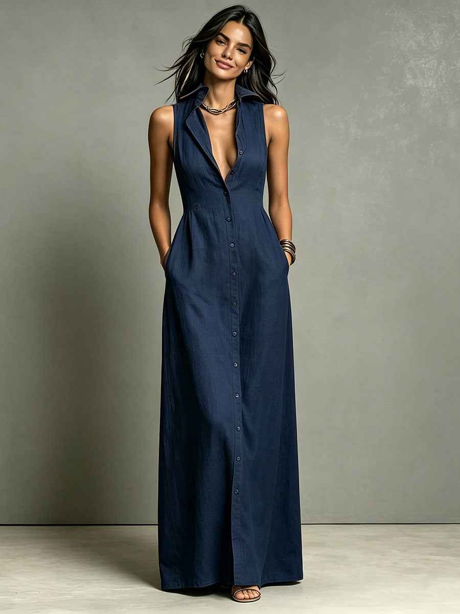 Casual Cotton Linen Bag-Sleeveless Solid Color Dress