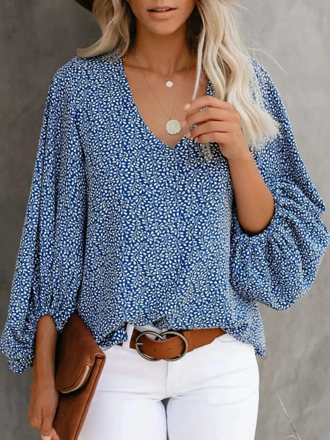 Printed V-Neck Long Sleeve Blouse.