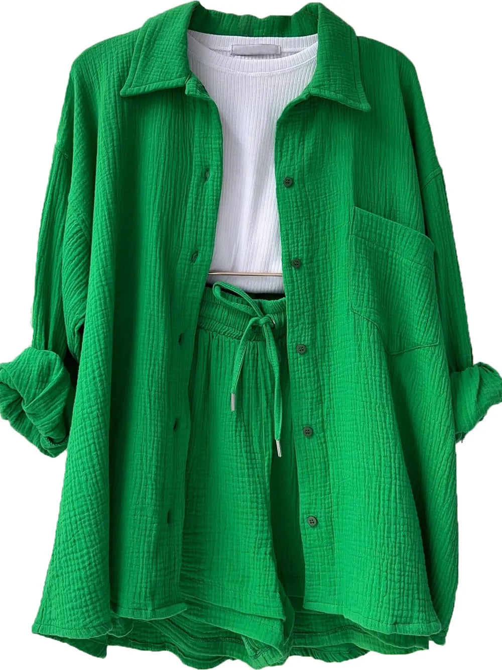 Texture Button Up Shirt and Drawstring Shorts Set - CHIC TB