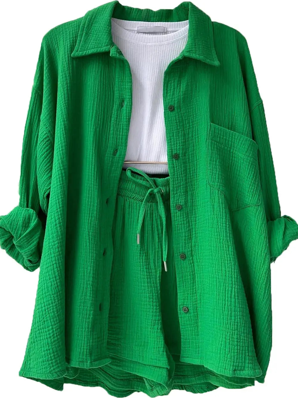 Texture Button Up Shirt and Drawstring Shorts Set.