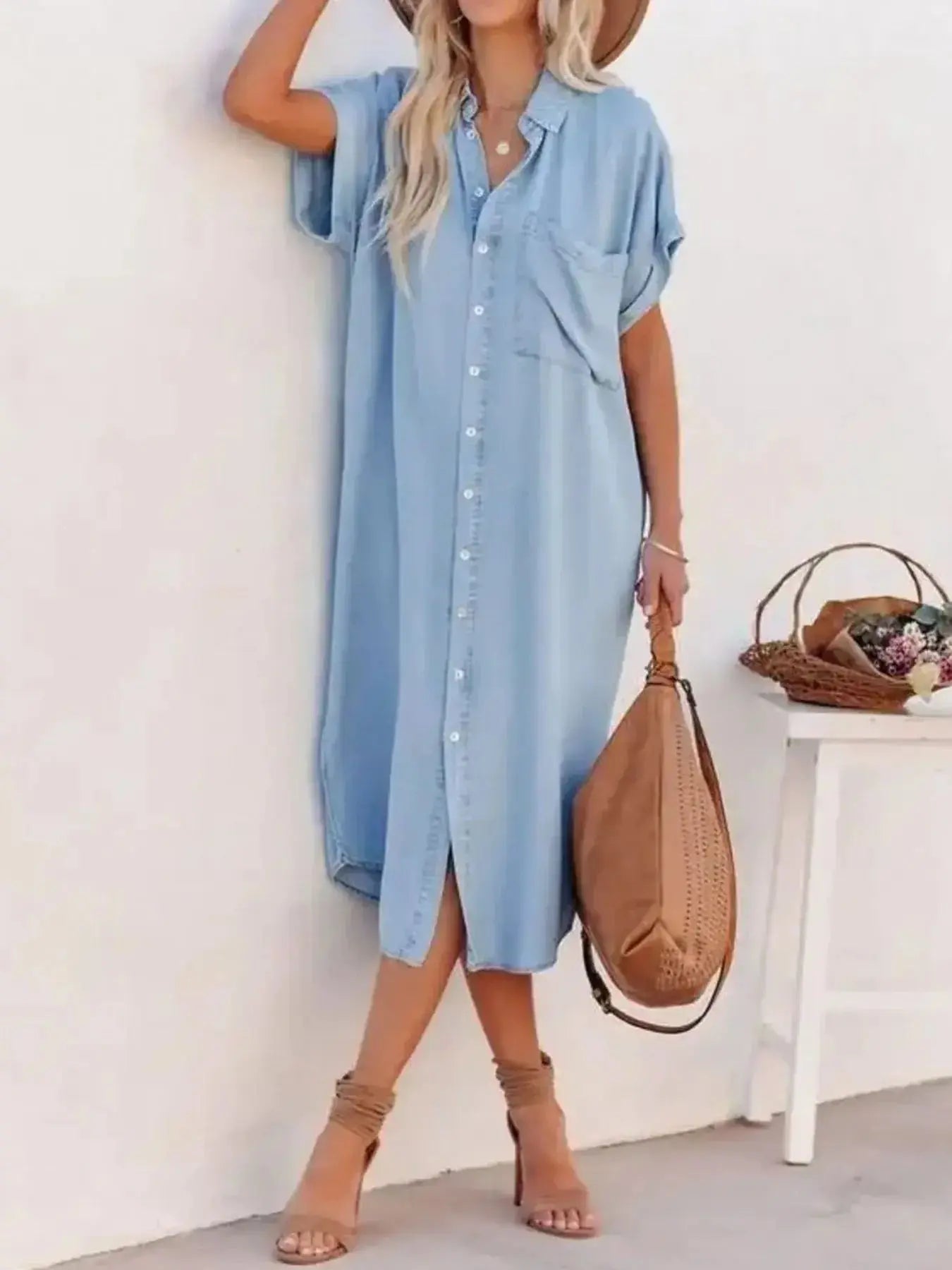 Button Down Denim Midi Shirt Dress.