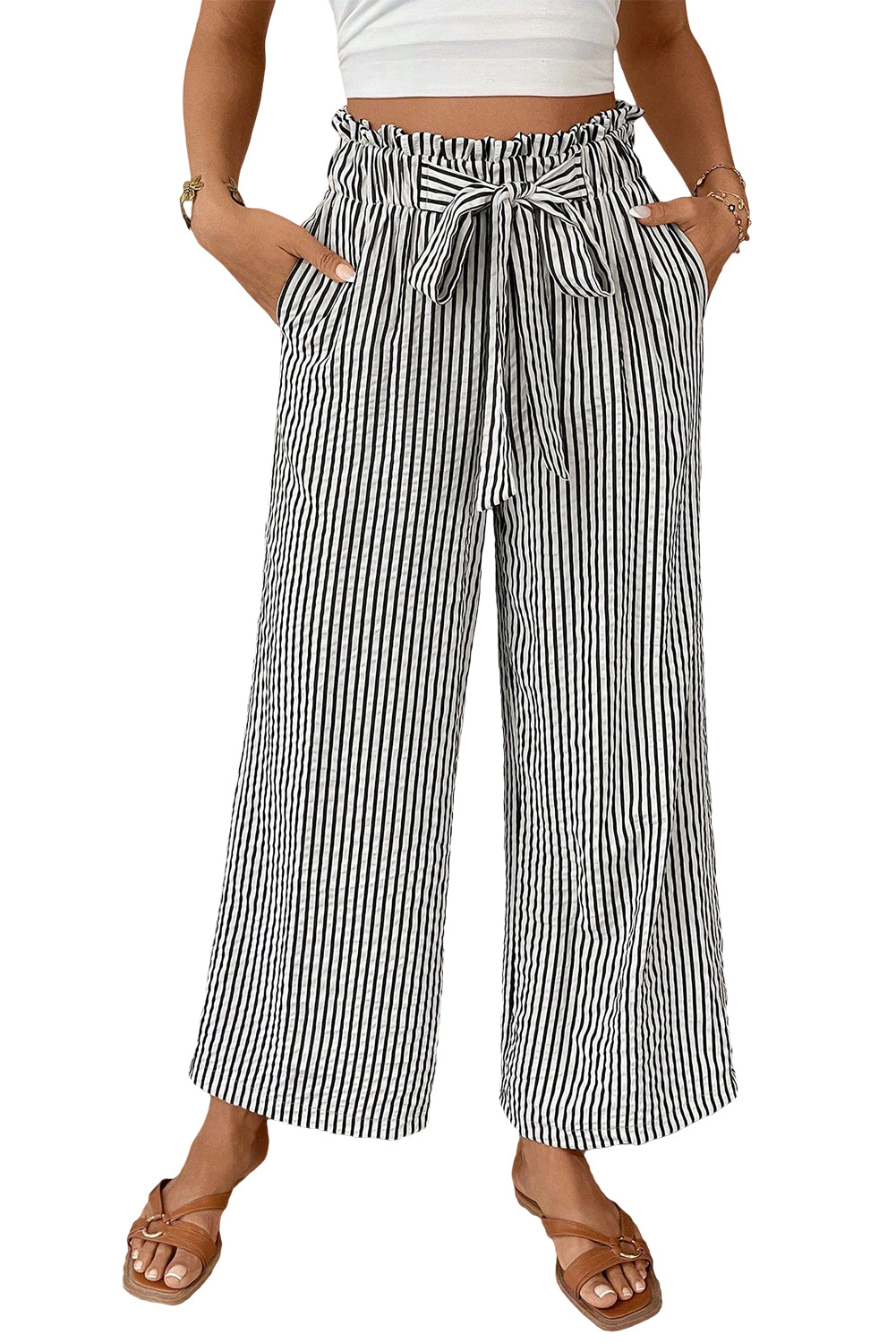 Black Stripe Tied High Waist Loose Straight Casual Pants Dear-Lover Dropshipping