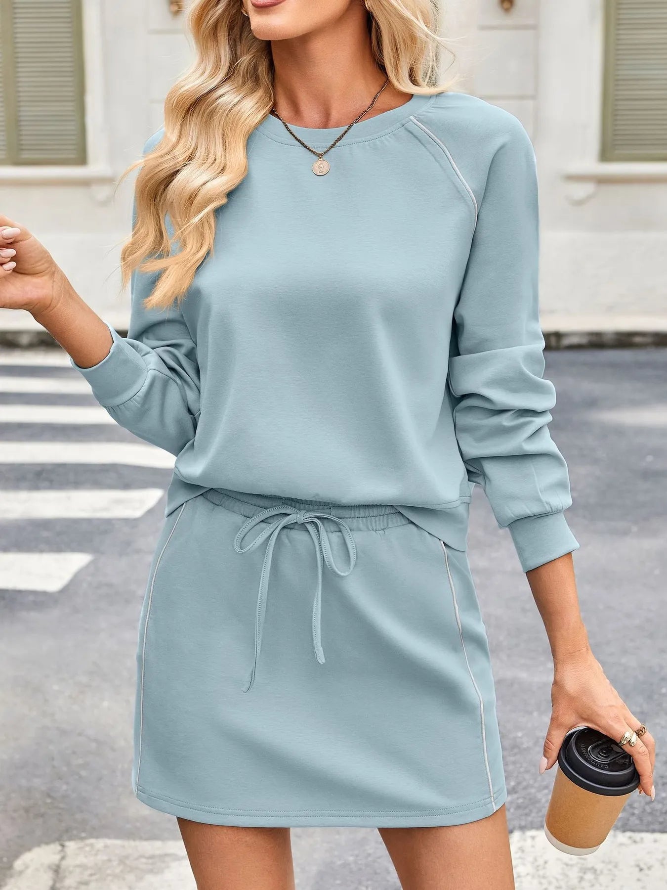 Round Neck Raglan Sleeve Top and Skort Set.