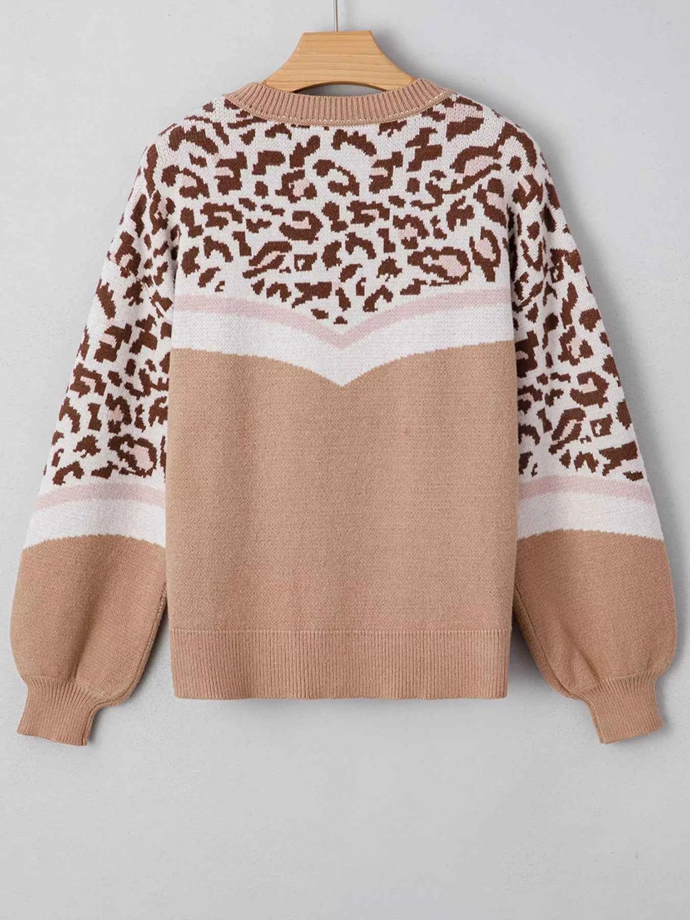 Leopard Color Block Knit Round Neck Baggy Sweater