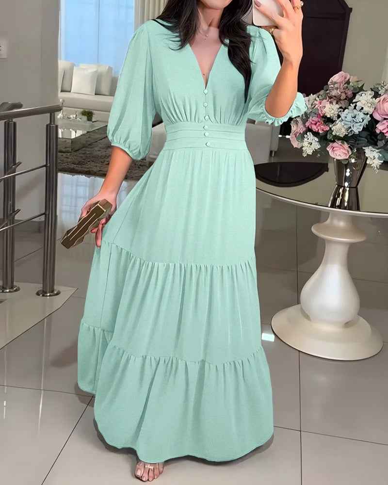 Three-quarter-sleeve Layered Ruffled Waist-cinching Dress
