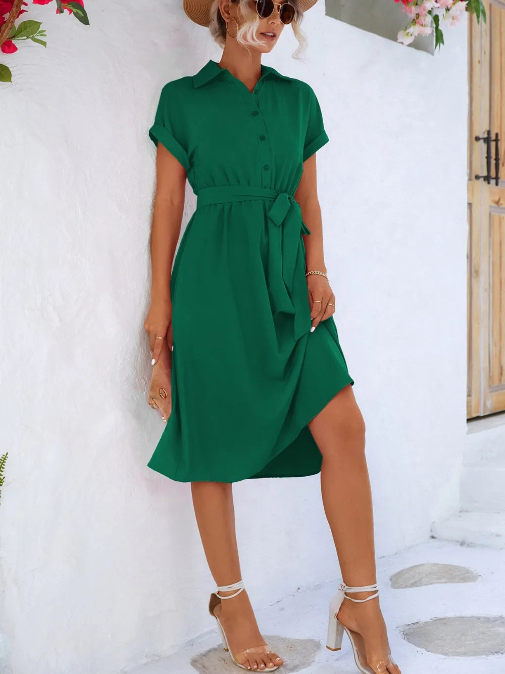 Buttoned Tie Waist Short Sleeve Dress.