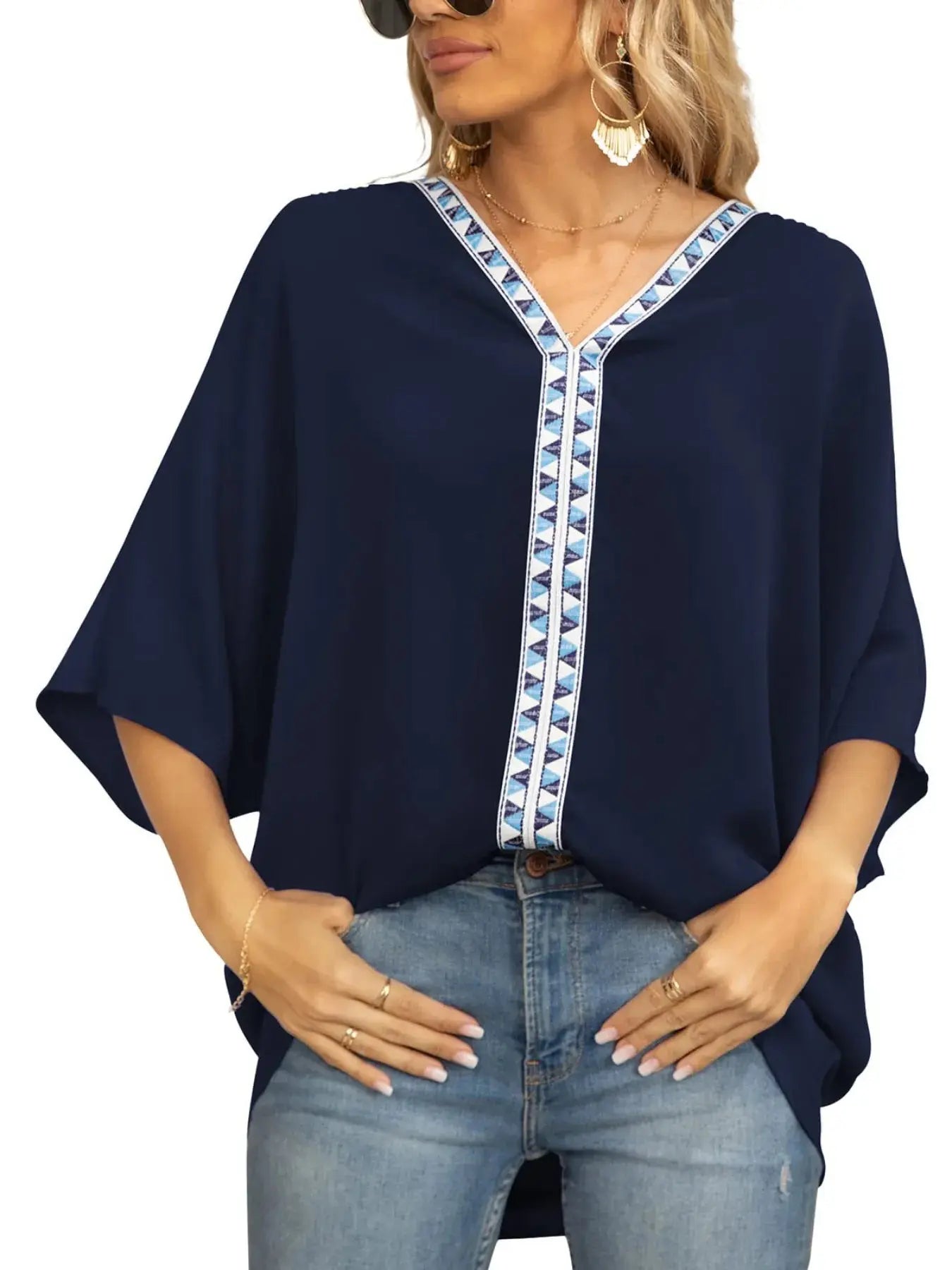 Printed Trim V-Neck Batwing Sleeve Blouse.