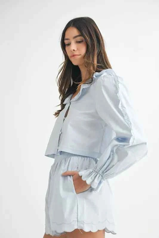 Long Sleeve Scallop Blouse and Shorts Set