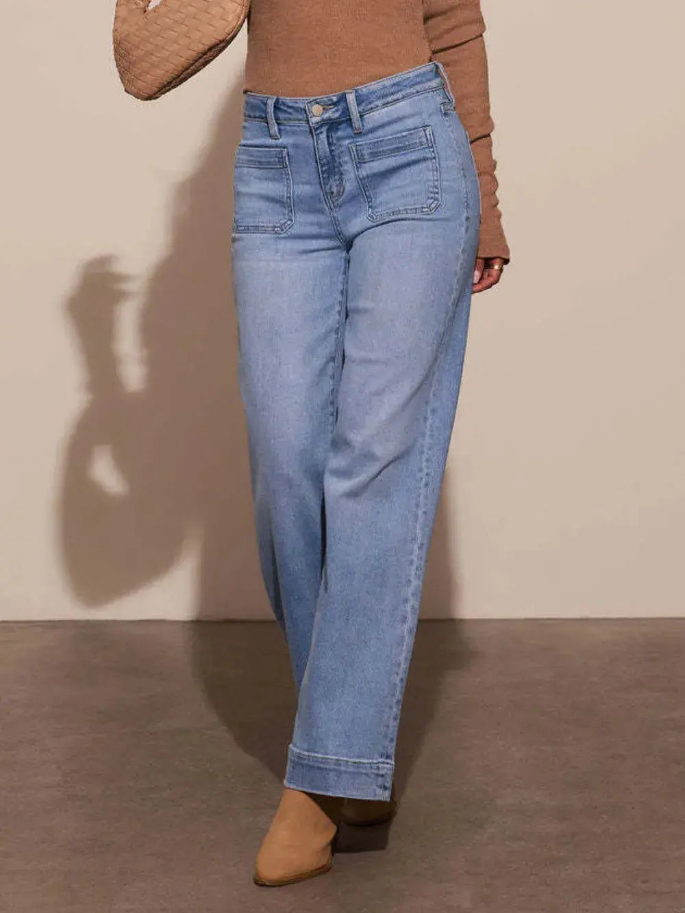 High Rise Front Pocket Patch Wide Leg Jeans.