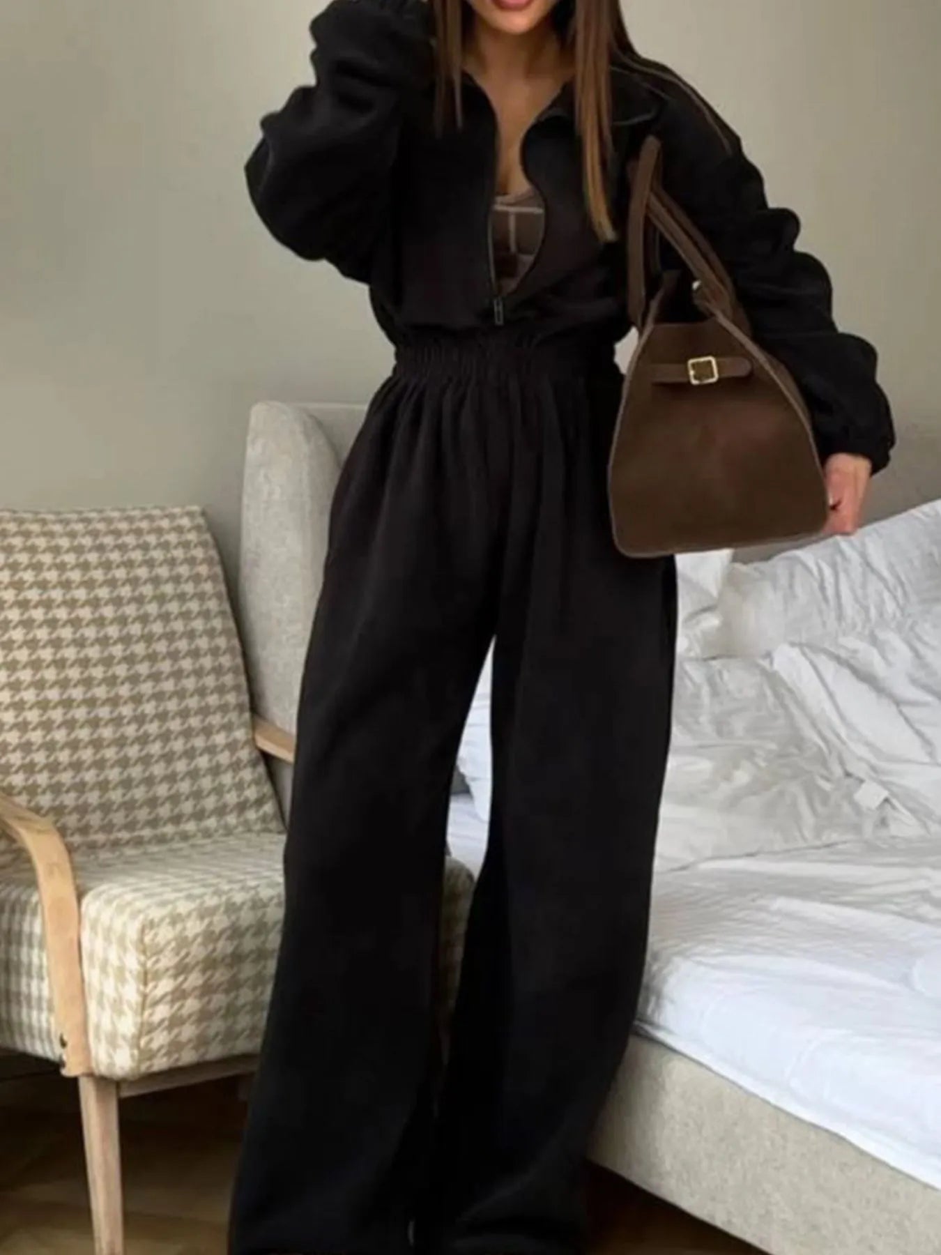 Zip Front Long Sleeve Jumpsuit.