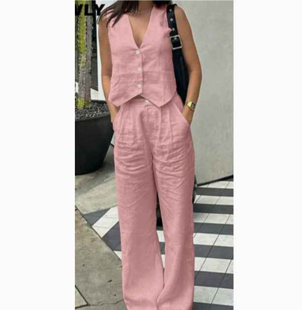 Linen Leisure Commute Front Button Vest And Trousers