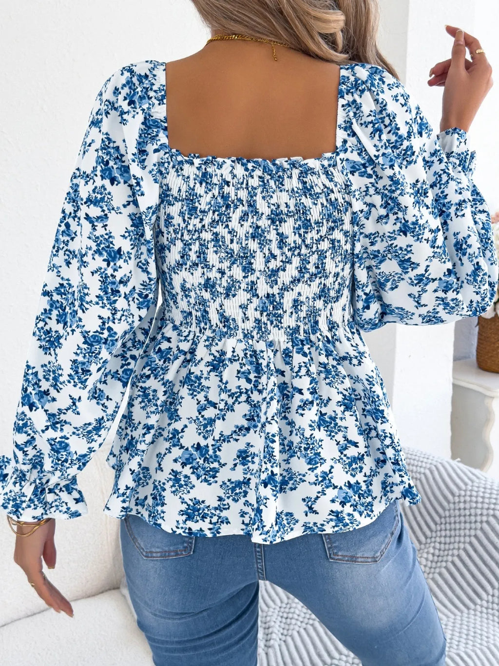 Floral Square Neck Flounce Sleeve Blouse.