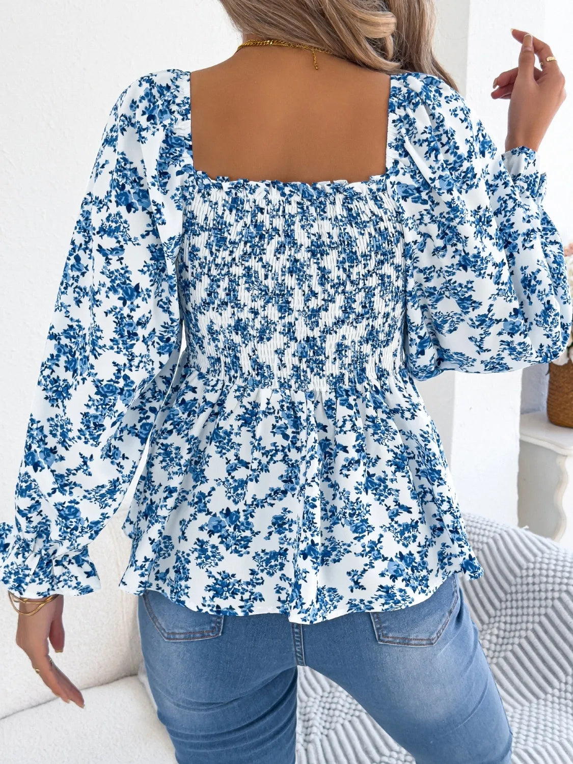 Floral Square Neck Flounce Sleeve Blouse.