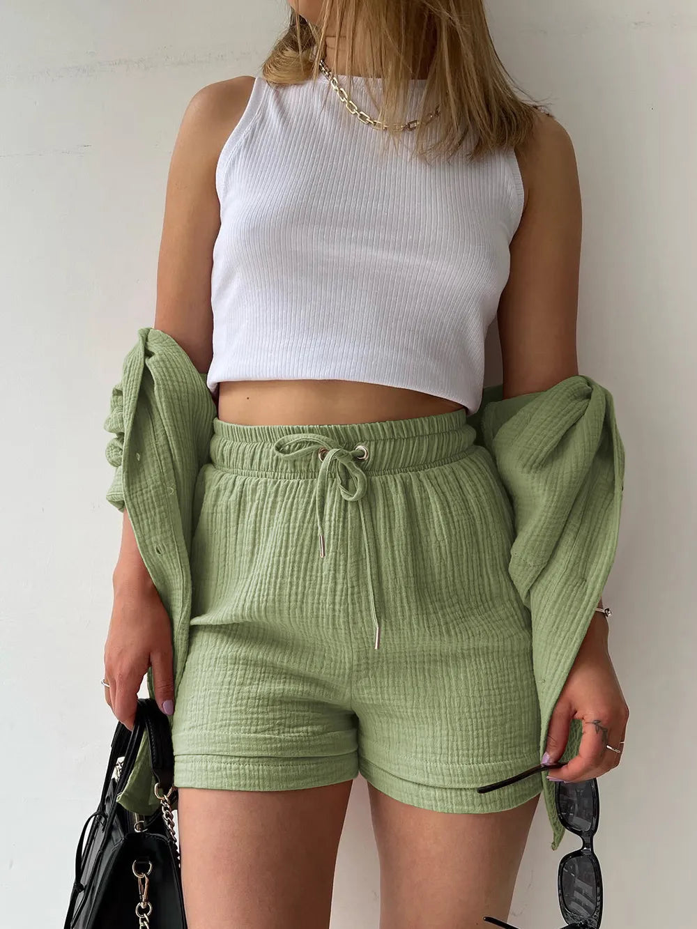Texture Button Up Shirt and Drawstring Shorts Set - CHIC TB
