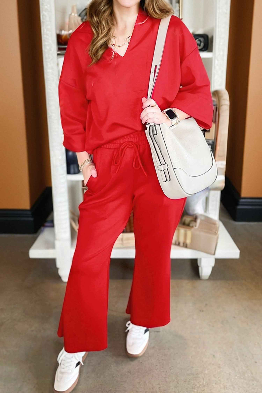 Fiery Red Polo Collar V Neck 3/4 Sleeve Pullover Drawstring Bell Bottom Pants 2pcs Set