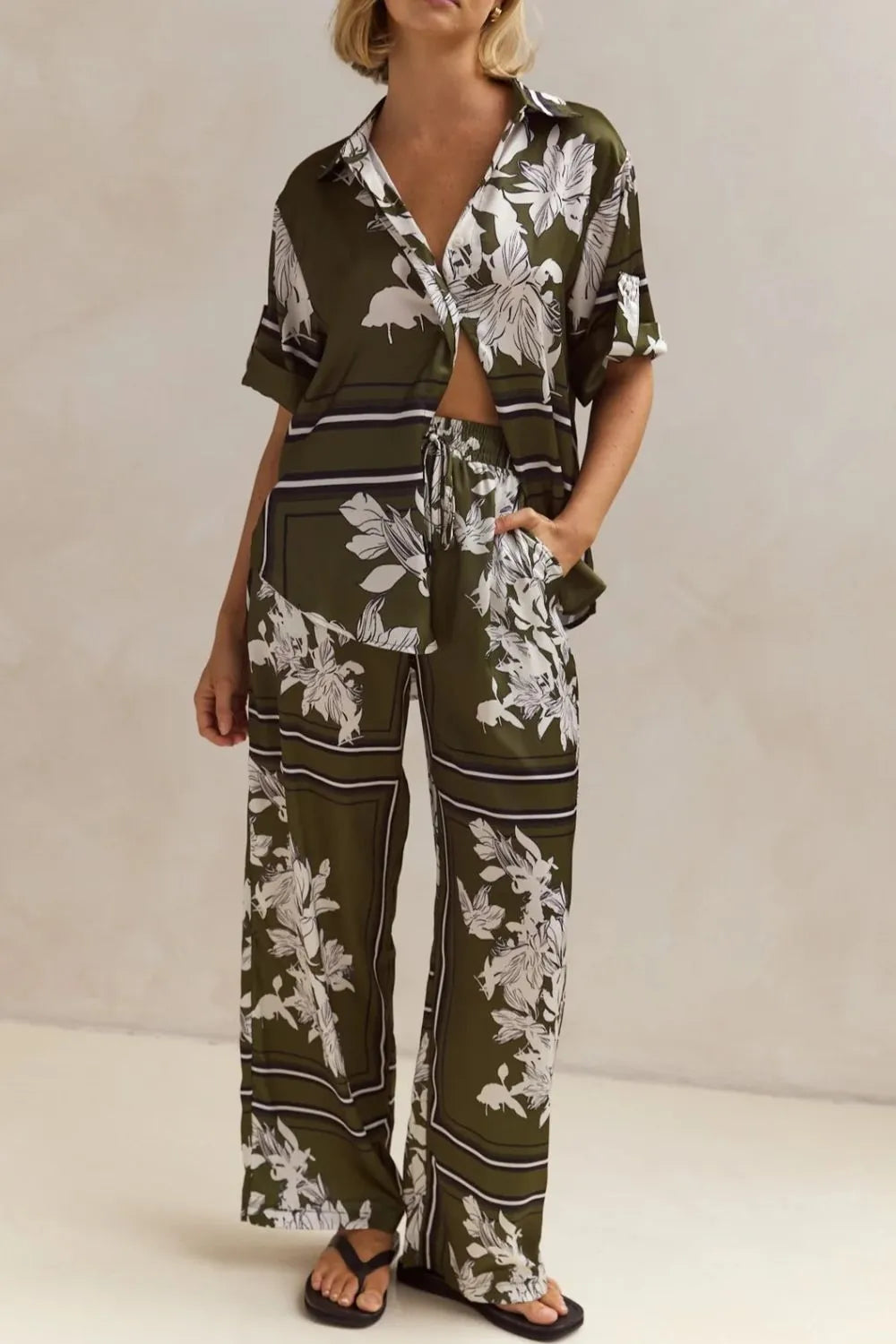 Printed Button Up Shirt and Pants Set - CHIC TB