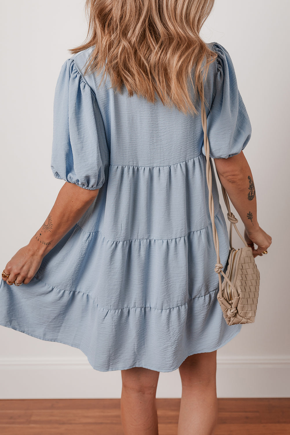 Beau Blue Shirt Collar Button Up Short Puff Sleeve Tiered Shift Dress Dear-Lover Dropshipping