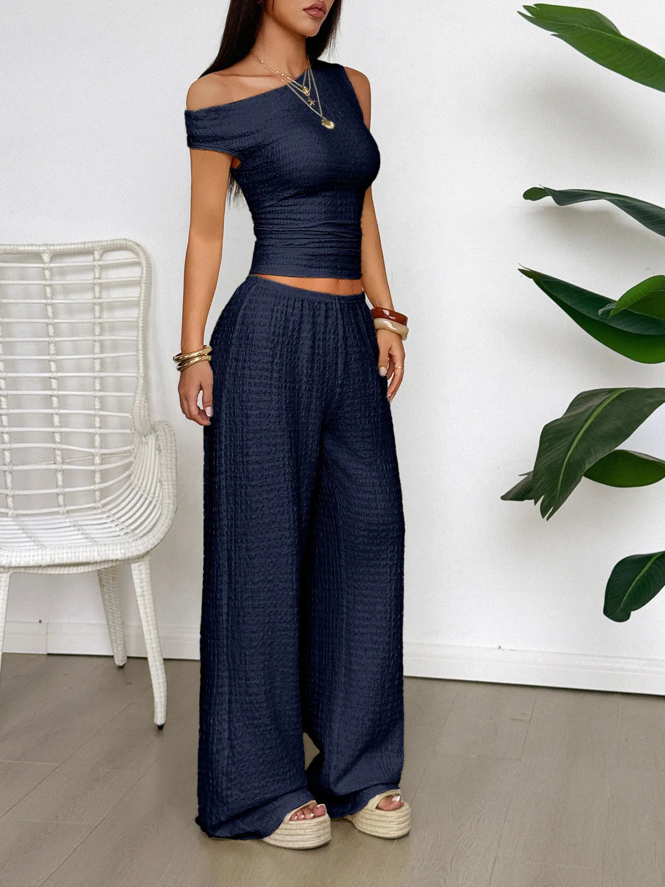 One Shoulder Top and Wide Leg Pants Set.