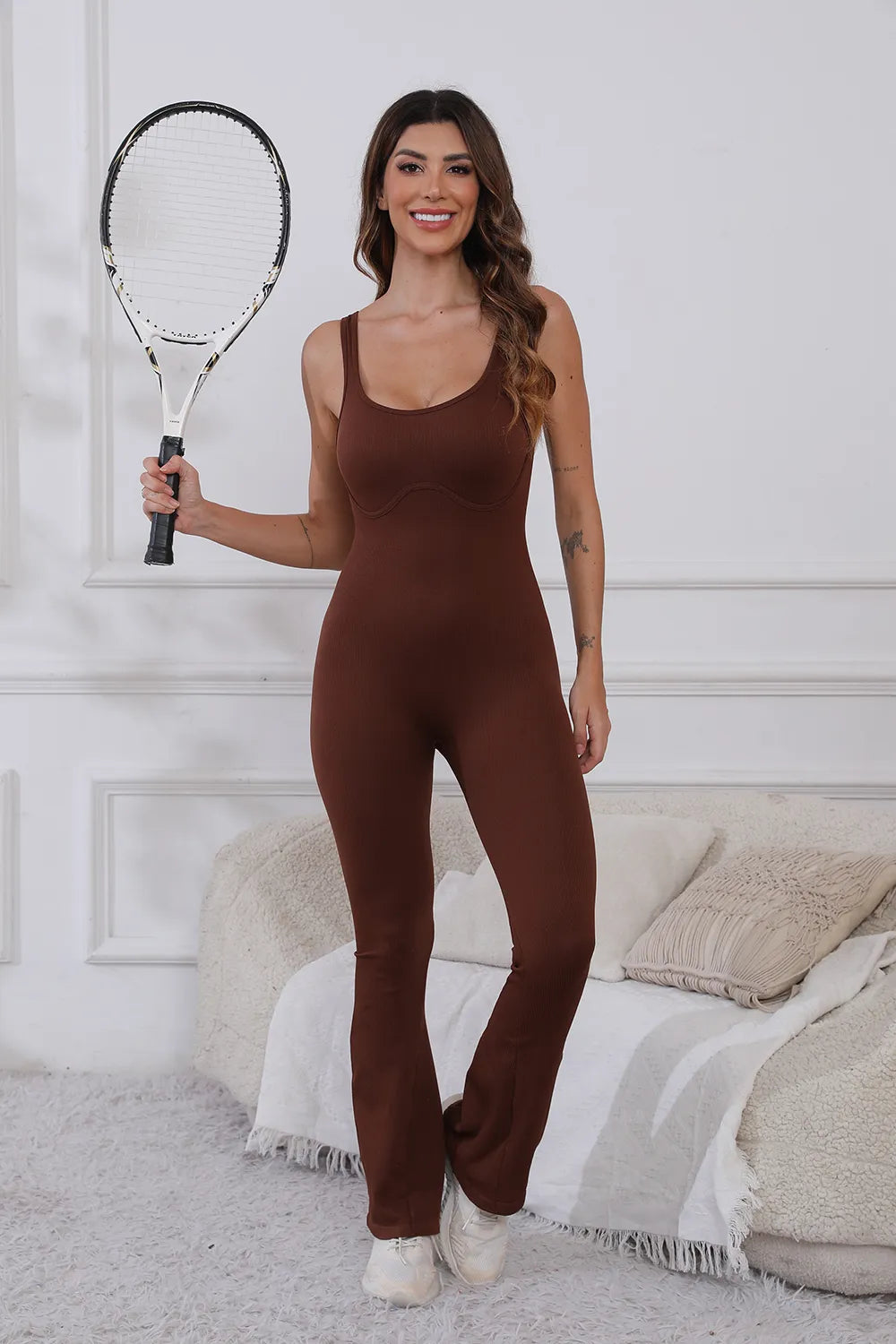 Scoop Neck Wide Strap Active Jumpsuit.