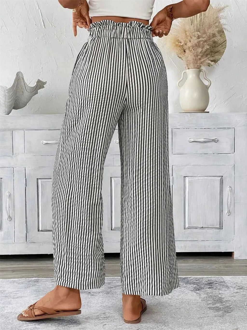 Full Size Striped Wide Leg Paper Bag Pants Plus Size