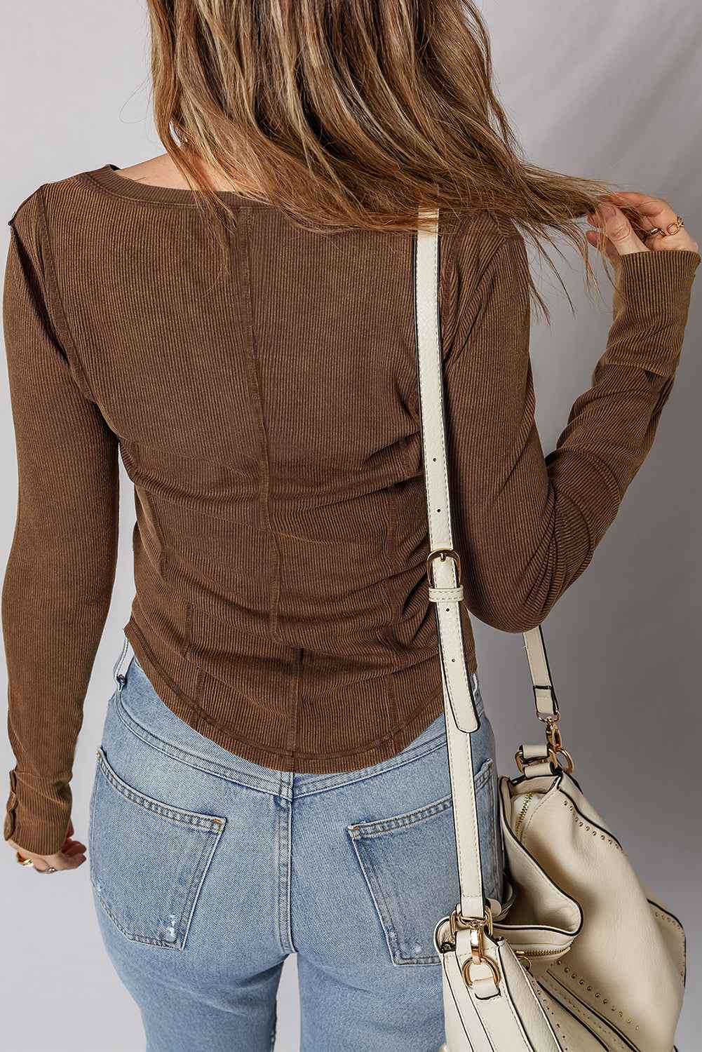 Coffee Exposed Seam Ribbed Long Sleeve Top