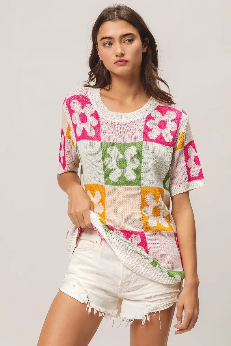 Flower Checker Pattern Lightweight Sweater Top.