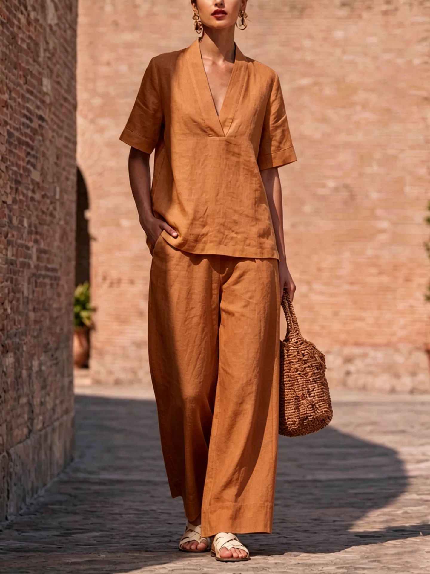 Womens Casual Solid-color V-neck Short-sleeve Long-pants Set