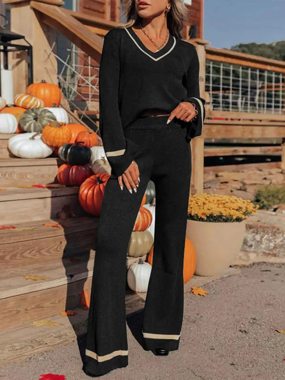 Perfee V-Neck Long Sleeve Top and Pants Set.