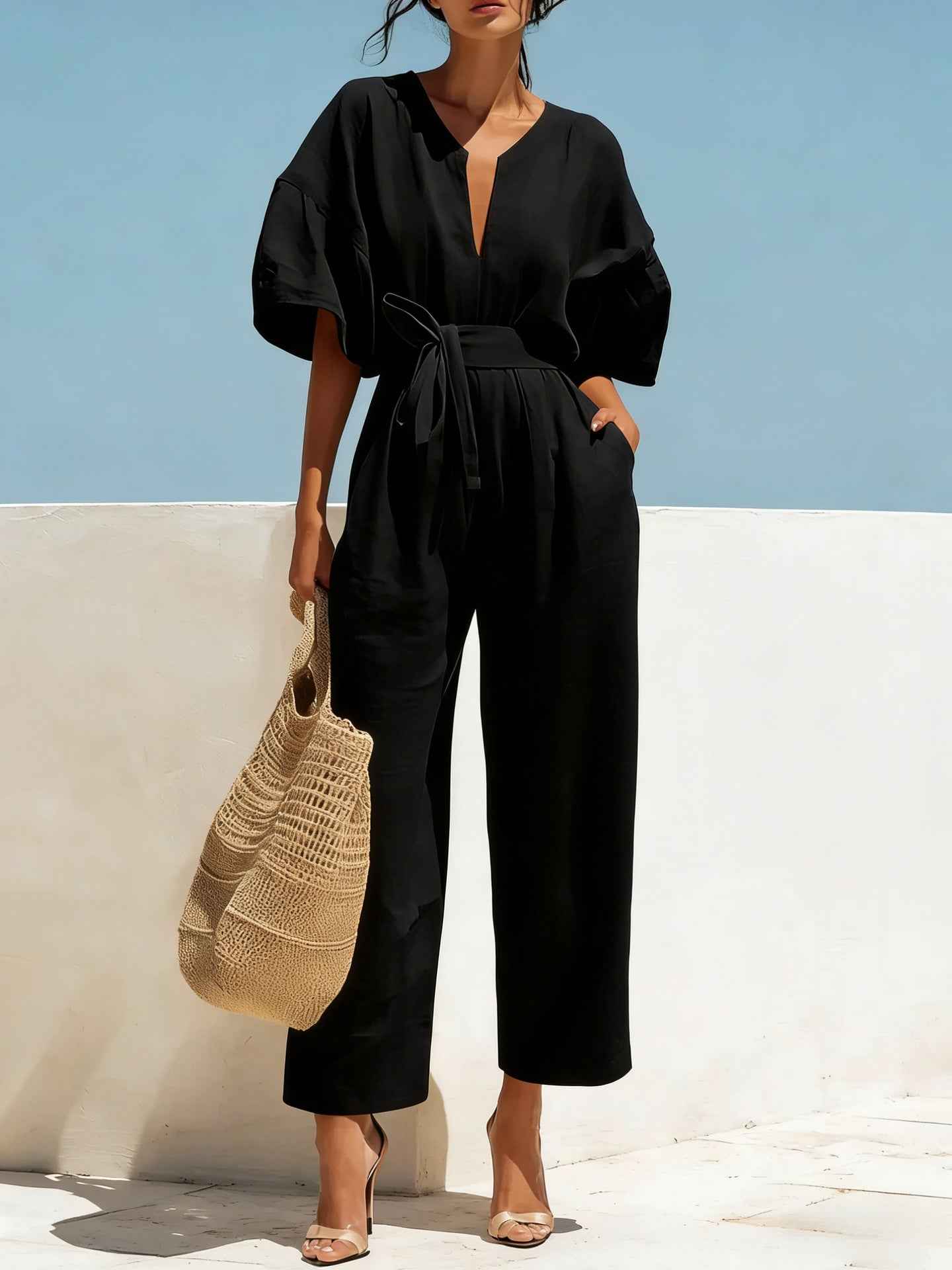 Fashionable V-Neck Solid Color Cotton-Linen Jumpsuit For Women