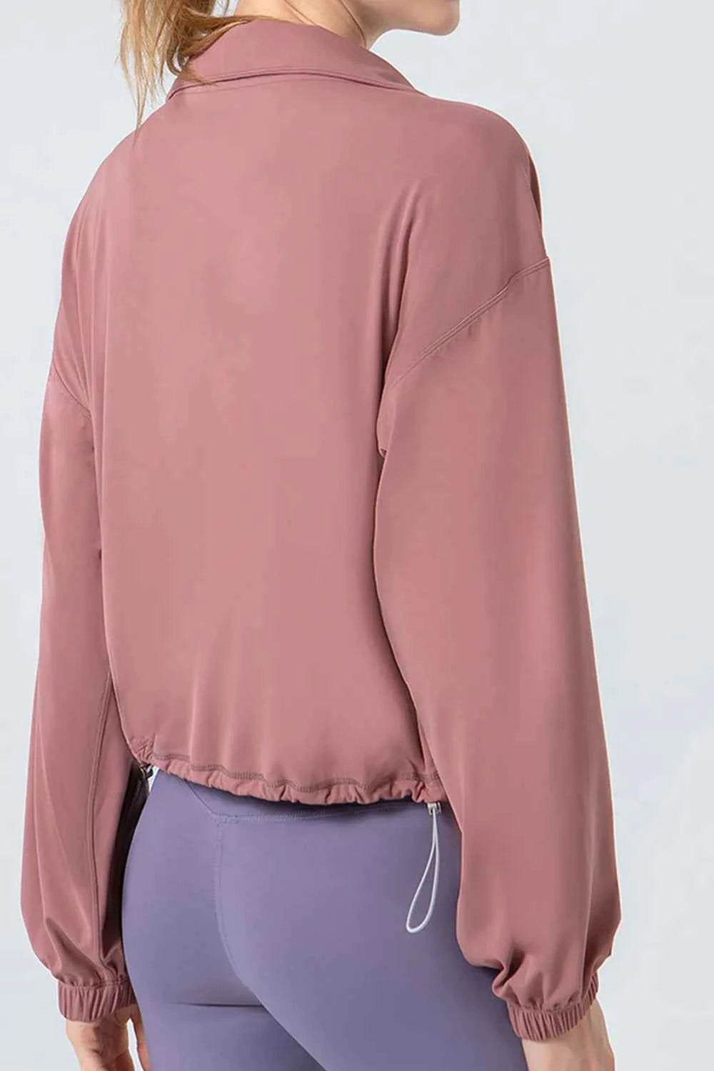 Drawstring Zip Up Dropped Shoulder Active Outerwear.