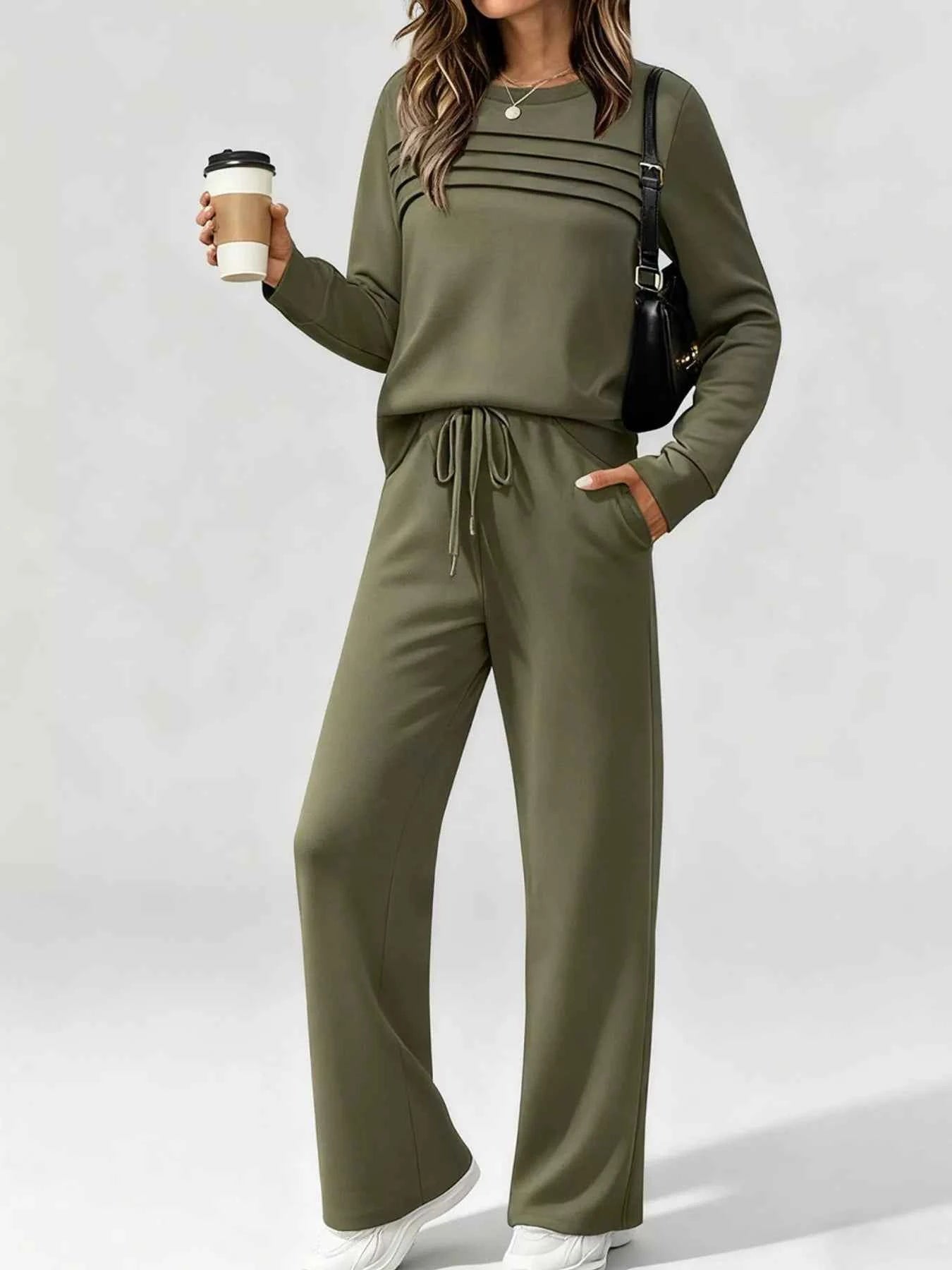 Full Size Casual Long Sleeve Top and Pants Set Plus Size