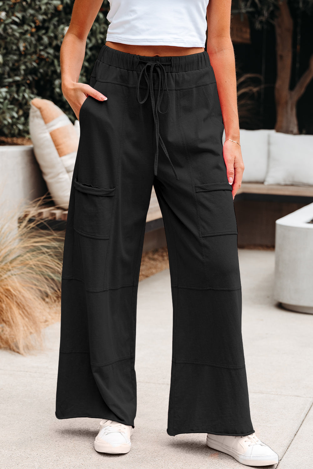 Black Mineral Wash Exposed Seam Drawstring Elastic Waistband Wide Leg Cargo Pants Dear-Lover Dropshipping