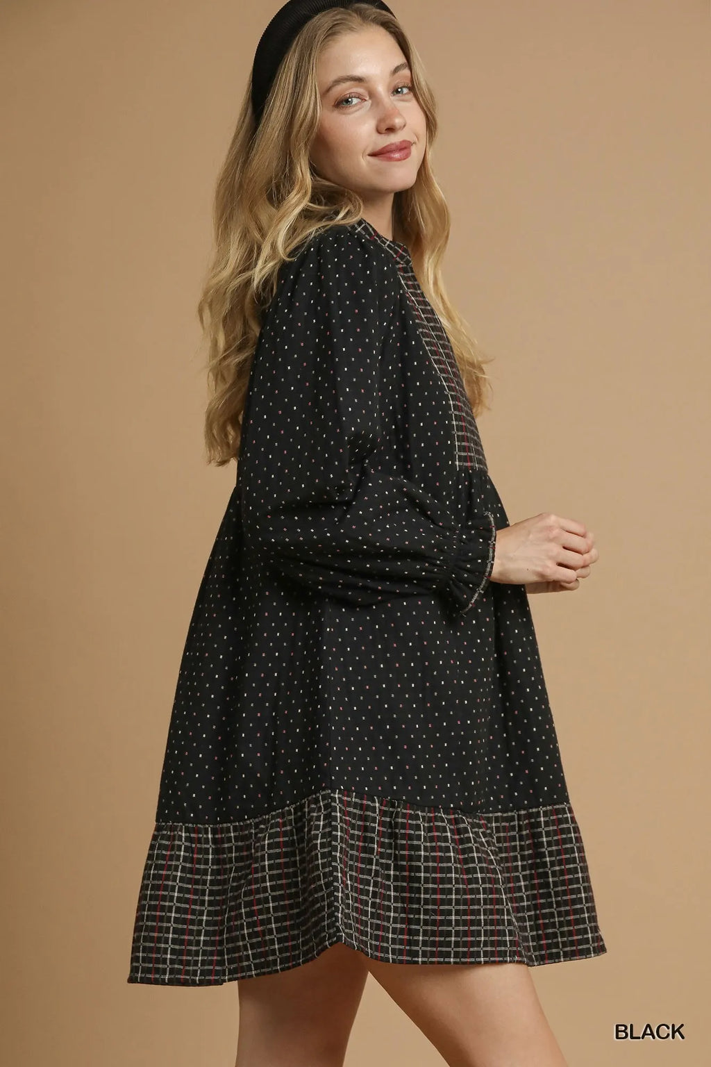 Umgee Polka Dot Plaid Trim Babydoll Dress.
