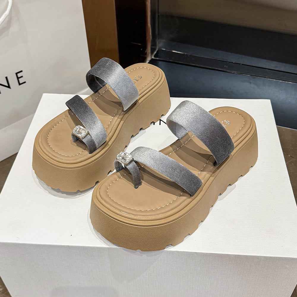 2026 Summer French Rhinestone Platform Slide Sandals, Toe Post Chunky Sole Fairy Style Casual Versatile Beach Slippers
