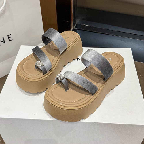 2026 Summer French Rhinestone Platform Slide Sandals, Toe Post Chunky Sole Fairy Style Casual Versatile Beach Slippers
