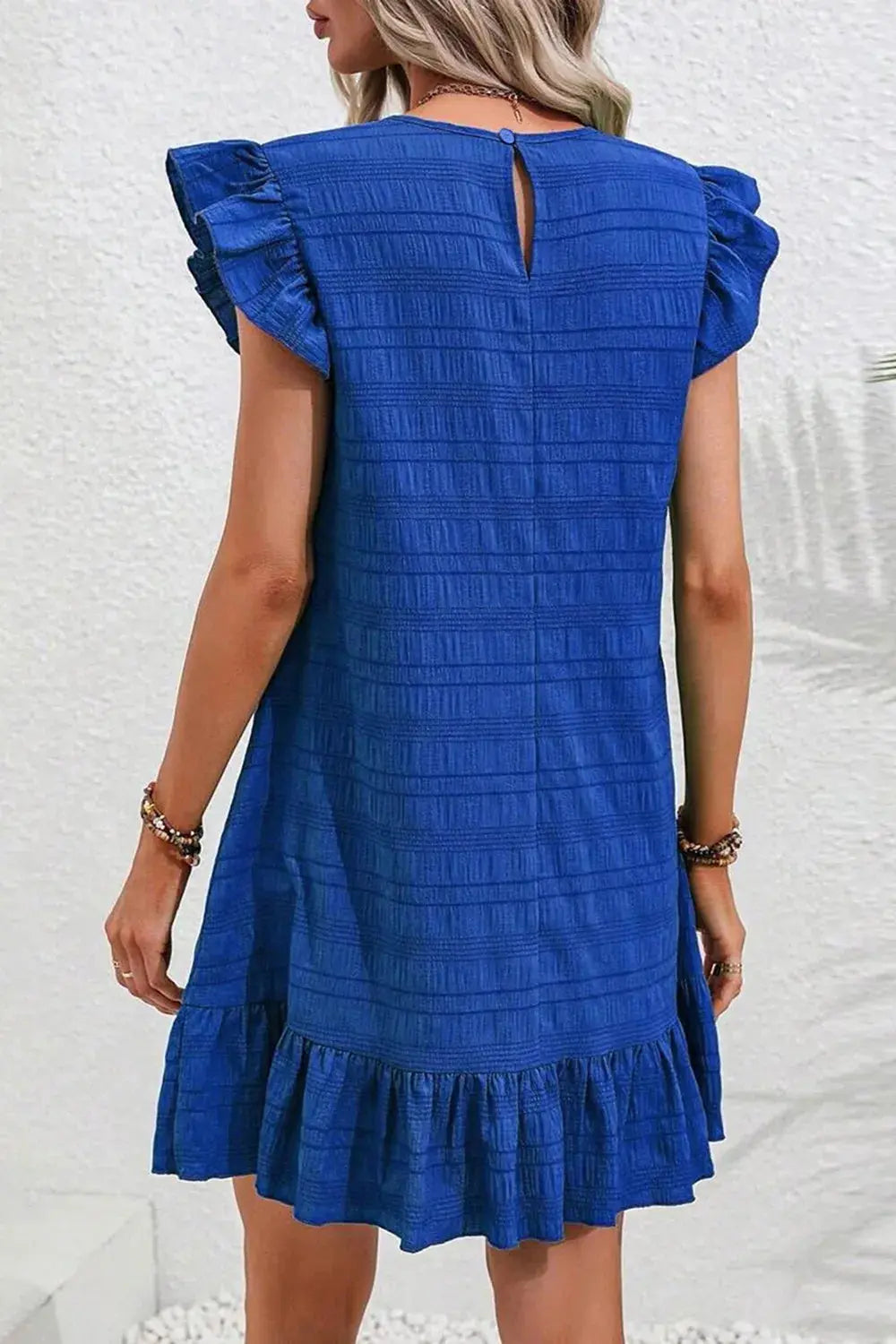 Ruffled Round Neck Cap Sleeve Dress.