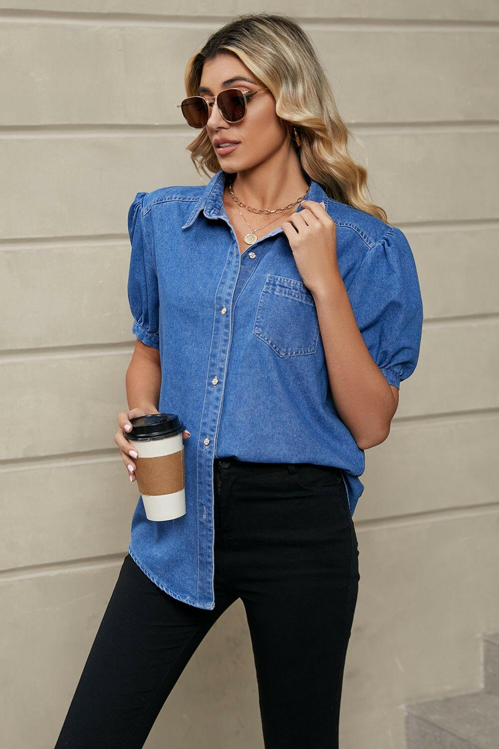 Puff Sleeve Collared Denim Top.