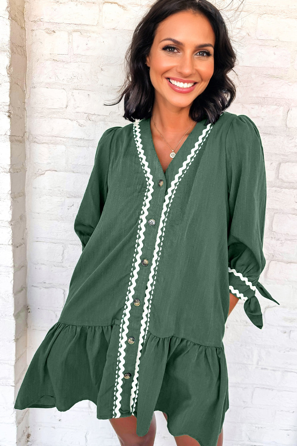 Canton Contrast Ricrac Trim Button V Neck Knotted Bracelet Sleeve Shift Dress Dear-Lover Dropshipping