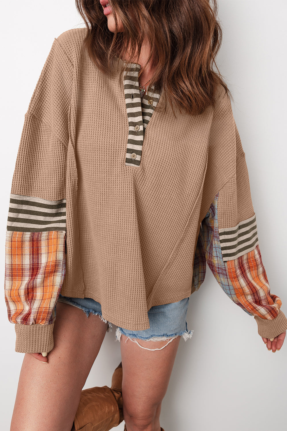 Straw Yellow Waffle Stripe Plaid Patchwork Henley Knit Top Dear-Lover Dropshipping