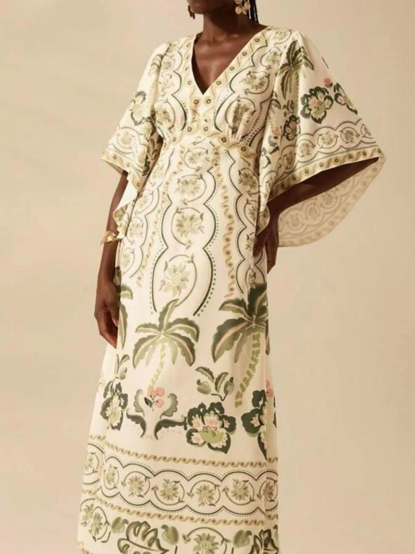 Palm Print V-Neck Midi Dress.