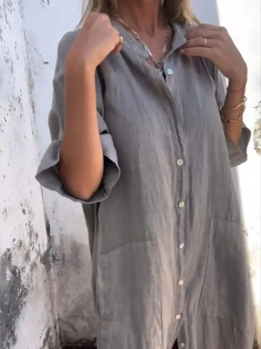 Full Size Casual Linen Button-Down Shirt Dress Plus Size.