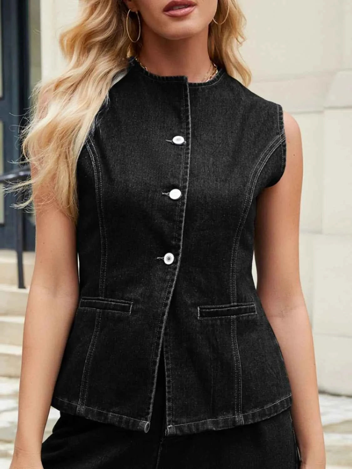 Button Down Vest and Shorts Denim Set