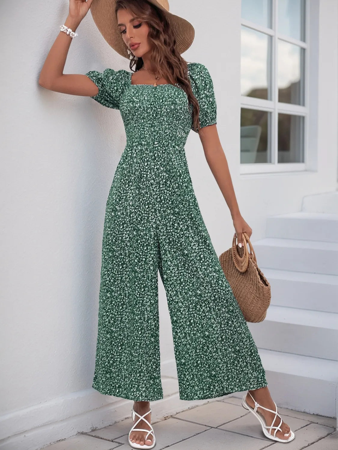 Printed Square Neck Puff Sleeve Jumpsuit.