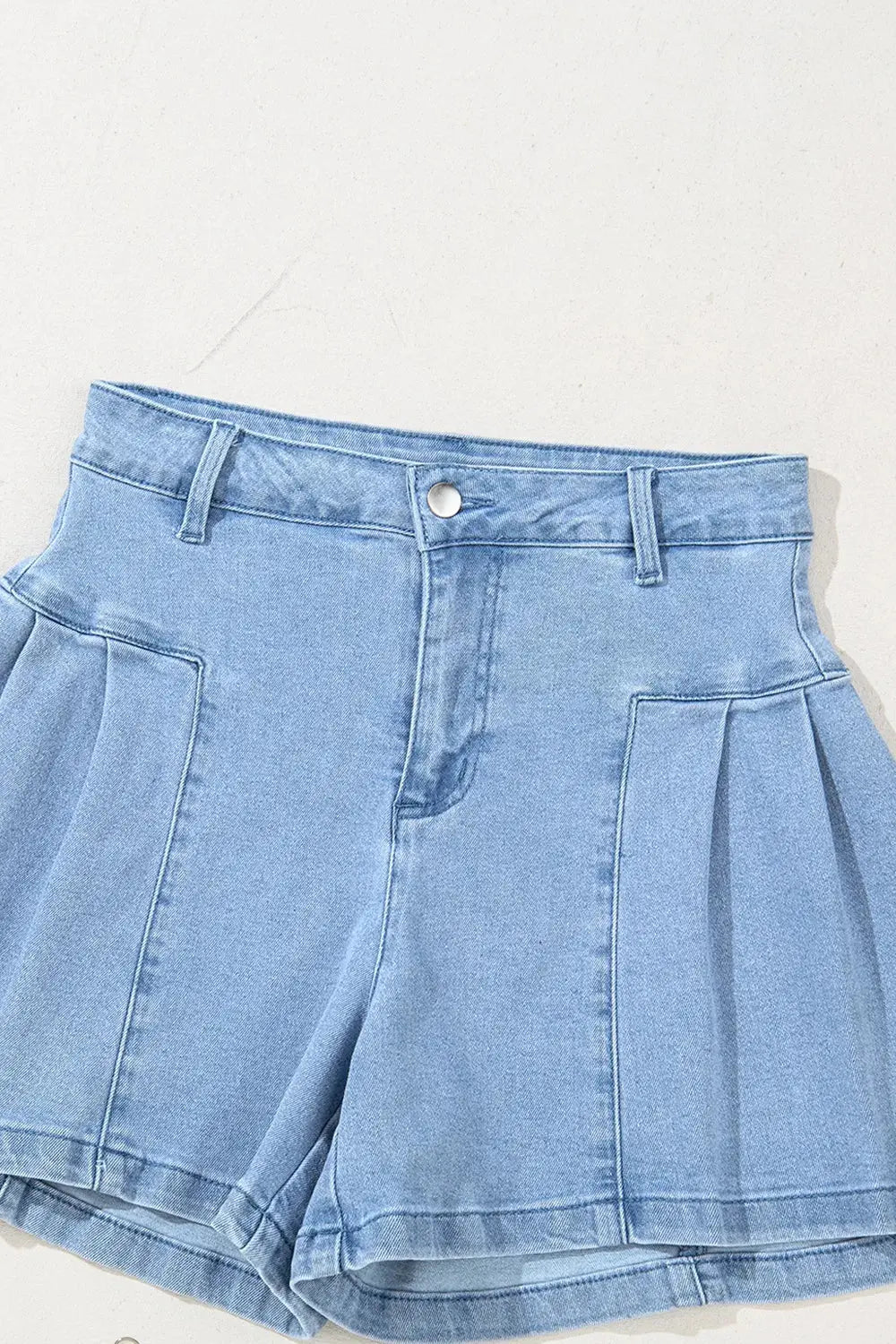 Pleated Patchwork Panel Lightweight Denim Shorts.
