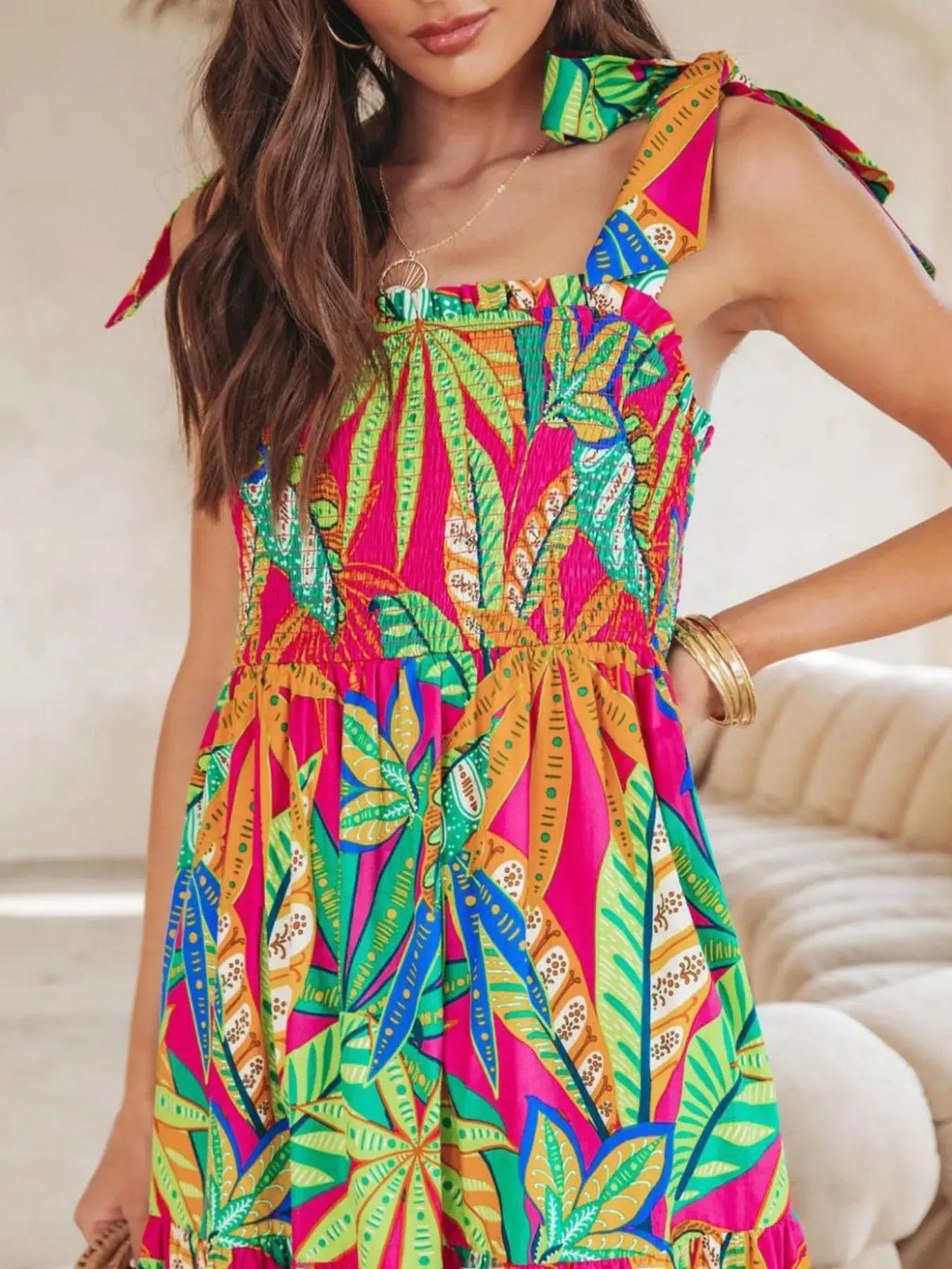 Tropical Print Tie Shoulder Maxi Dress.