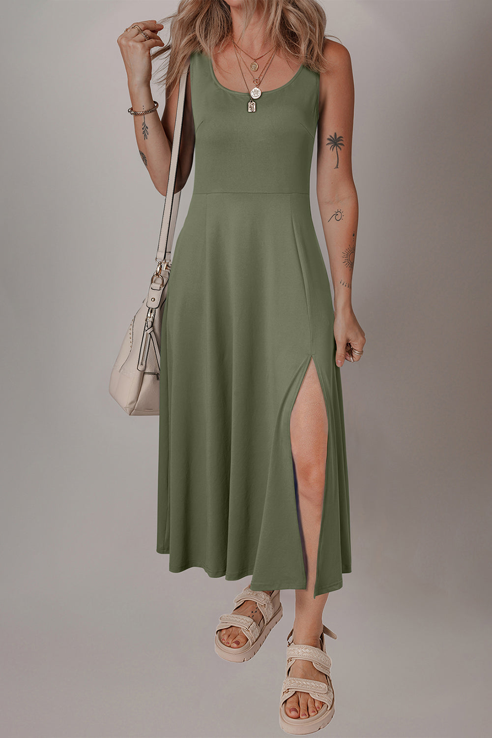Four Leaf Clover Sleeveless Scoop Neck Flared Split Midi Dress Dear-Lover Dropshipping
