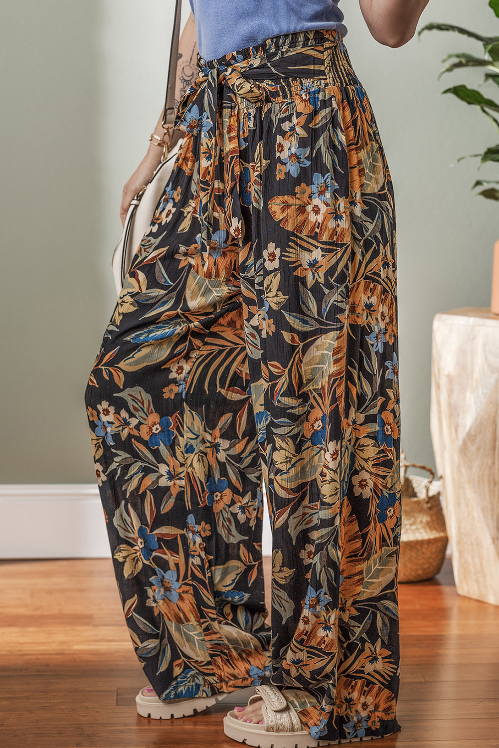 Multicolour Floral Shirred High Waist Wide Leg Pants with Tie Dear-Lover Dropshipping