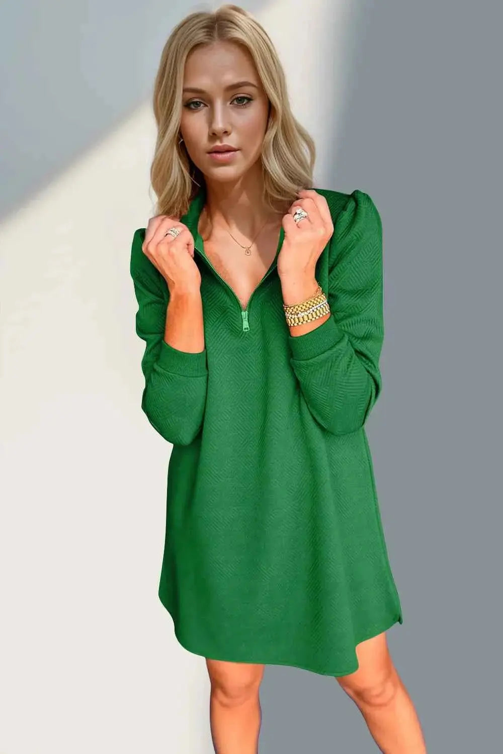 Double Take Textured Quarter Zip Long Sleeve Dress.