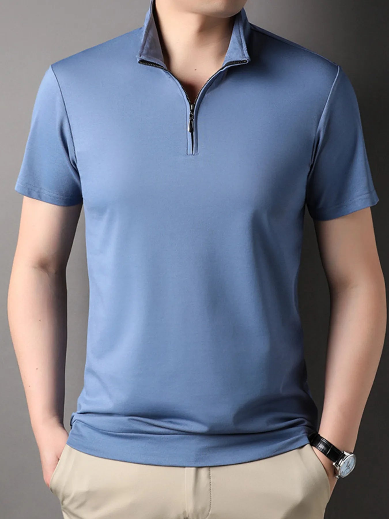 Men's Plus Size Zip Collar Short Sleeve Polo Shirt.
